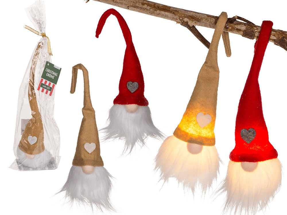 Hanging fabric Christmas gnome with LED light, red and beige