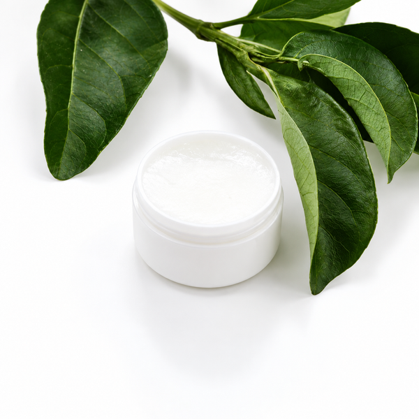 Khan Al Saboun Lip Balm – Damascus Rose. Open white lip balm pot with green leaves on a white surface.