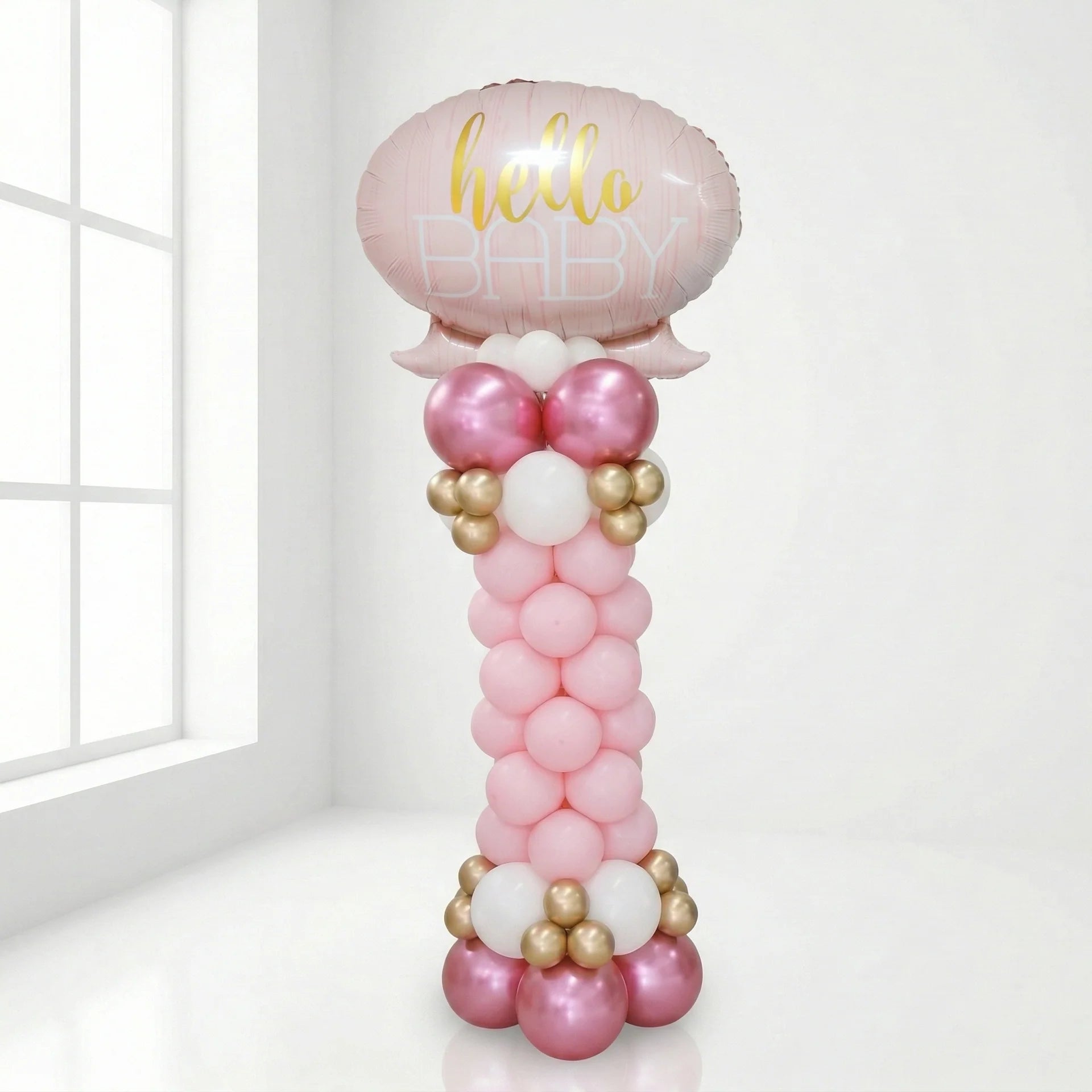 Hello Baby Girl pink balloon stand with hello baby balloon for newborn delivery in Lebanon by Idole Lebanon