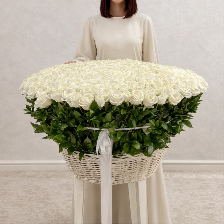 Grand luxury basket arrangement of 500 premium white roses with elegant greenery by Idole Lebanon