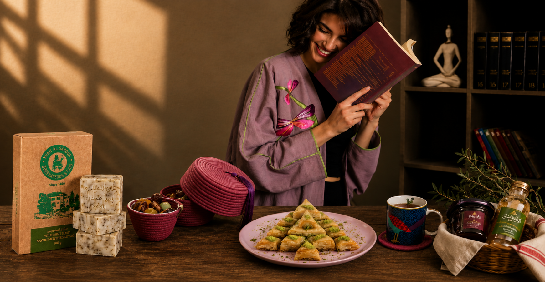 Elegant Lebanese products banner featuring traditional sweets, Khan Al Saboun soap, artisanal Lebanese items, tea accessories, and lifestyle fashion in a warm premium setting.