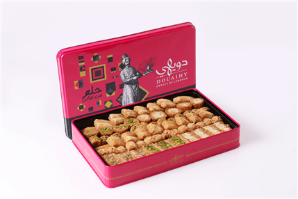 Premium Lebanese baklava assortment in luxury tin box by Douaihy Sweets