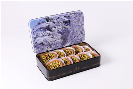 The Cedars Collection Lebanese pistachio baklava in artistic luxury tin box by Douaihy Sweets