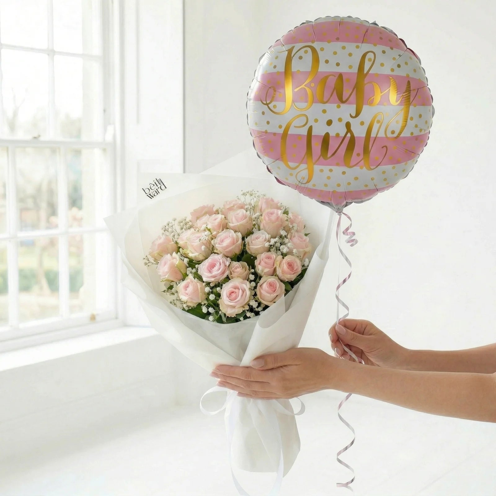 Pink and white baby girl flower bouquet with balloon gift Beirut Lebanon