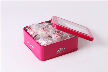 Packed Lebanese pistachio maamoul cookies in elegant tin box by Douaihy Sweets