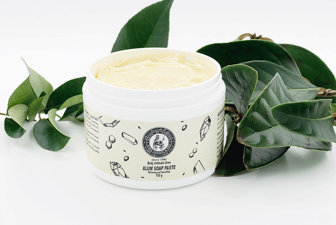 Alum soap paste jar by Khan Al Saboun with natural skincare presentation in USA