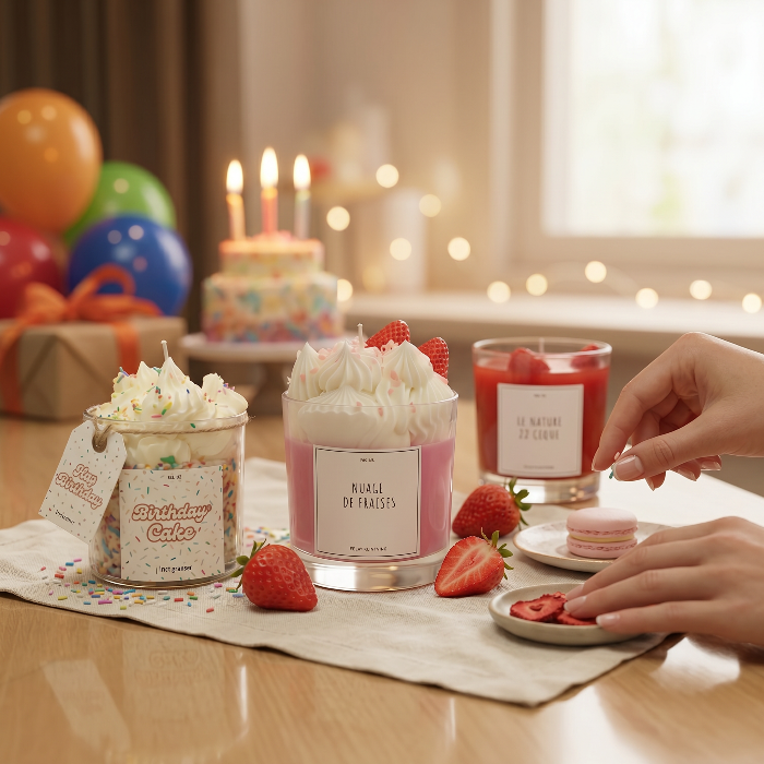 Two scented candles on a table with strawberries and a hand reaching for a strawberry, with balloons and lights in the background.