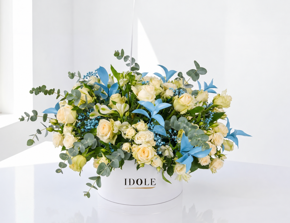 Evergreen Flower Box | White & Blue Flower Arrangement Lebanon by Fleurs De La Sagesse