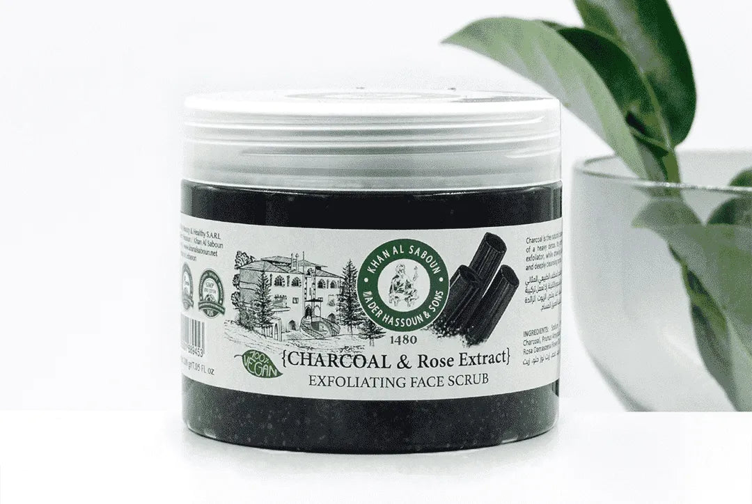 Khan Al Saboun charcoal face and body scrub 140g detox skincare Lebanon