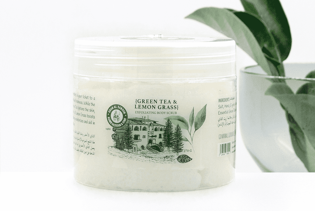 Chamomile body scrub jar by Khan Al Saboun with natural skincare presentation in USA