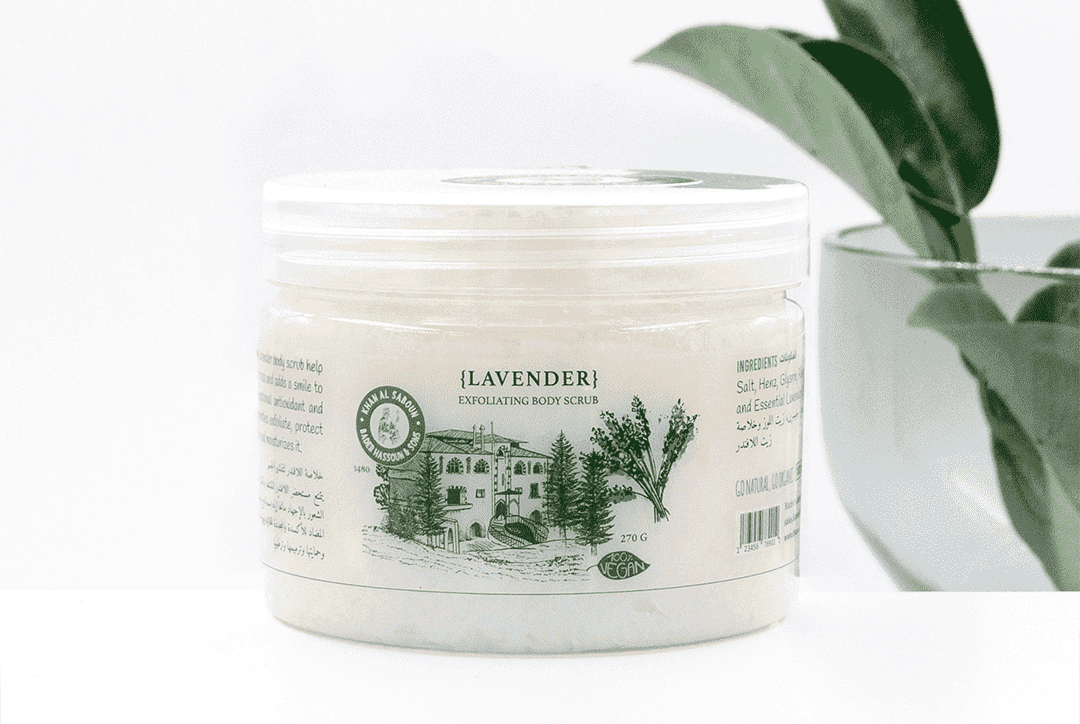 Lavender body scrub jar by Khan Al Saboun with natural skincare presentation in USA
