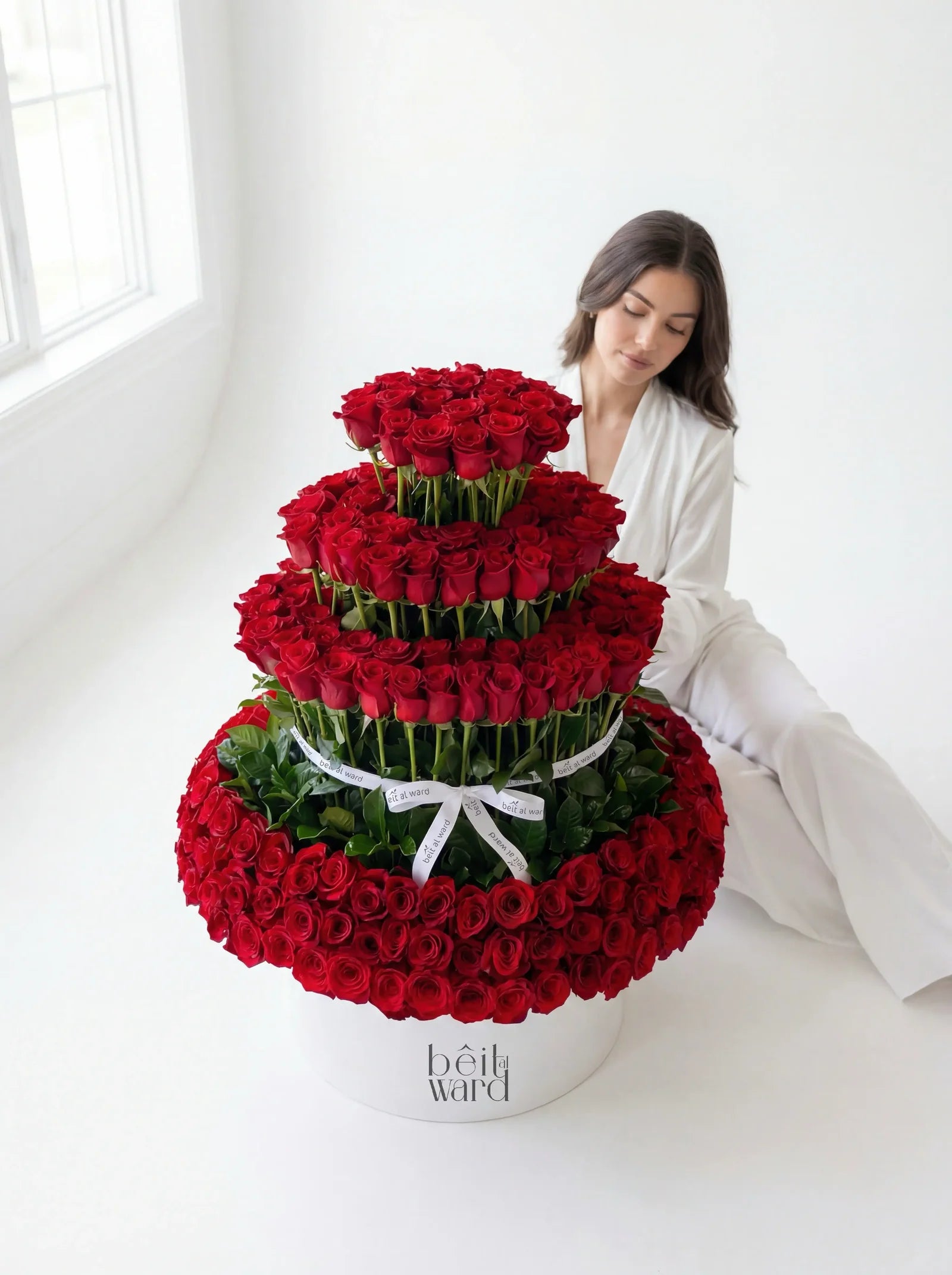 350 red roses luxury arrangement multi layer bouquet Lebanon flower delivery