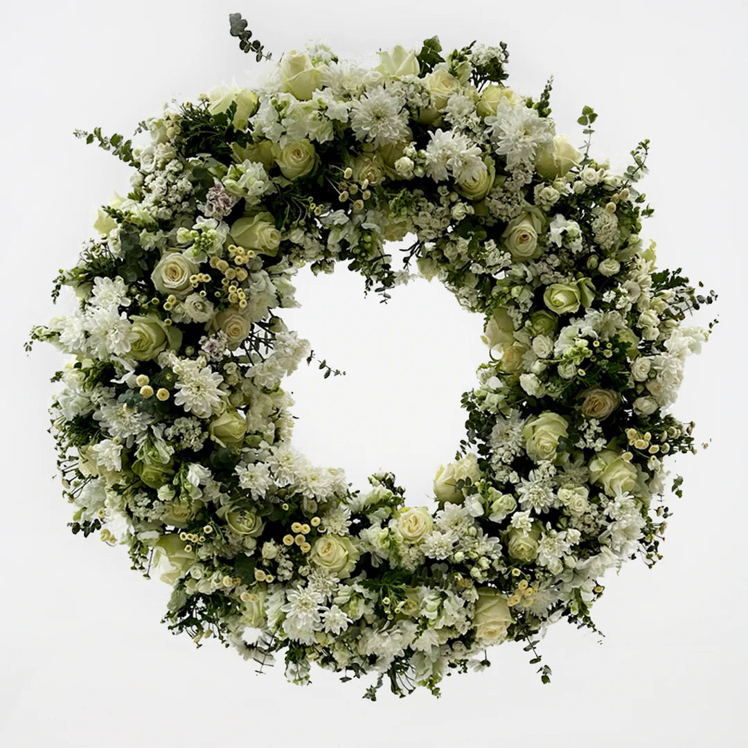 white sympathy wreath condolence flowers funeral arrangement Lebanon delivery