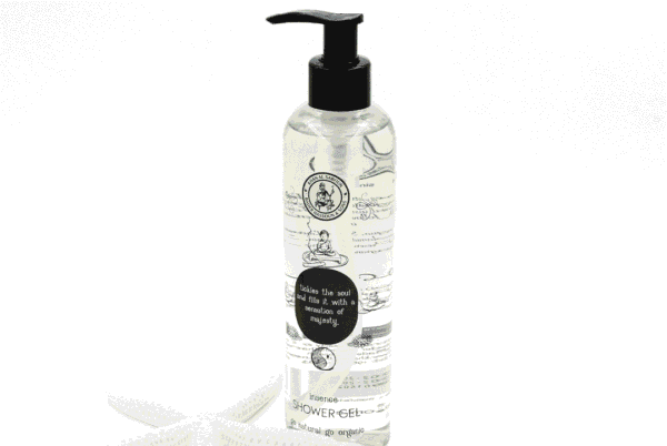 Incense shower gel bottle by Khan Al Saboun with natural skincare presentation in USA