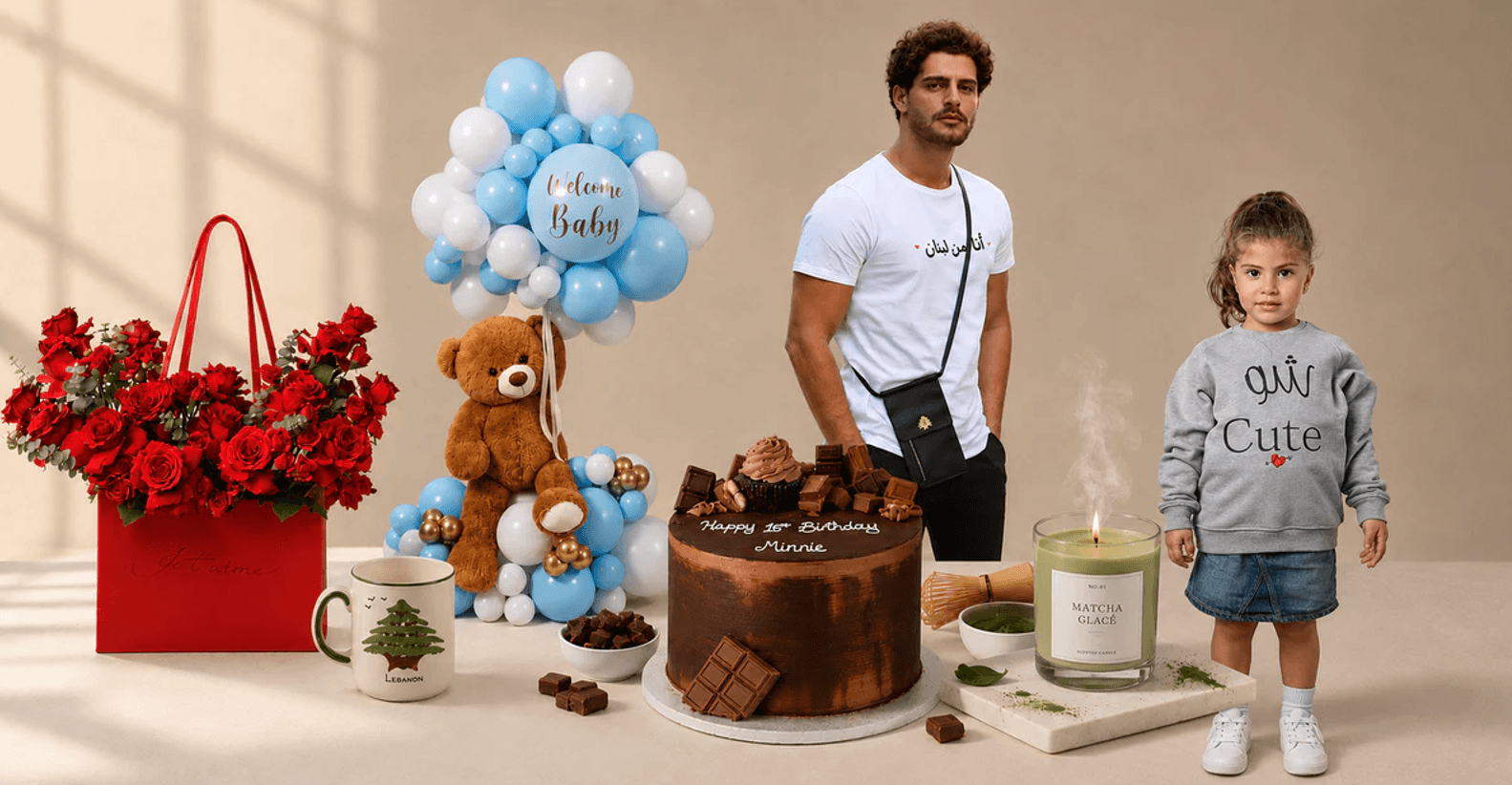 Luxury Idole Lebanon gifts banner featuring red roses, baby balloons, birthday cake, Lebanese mug, candle, fashion items, and curated gifts in an elegant warm setting.
