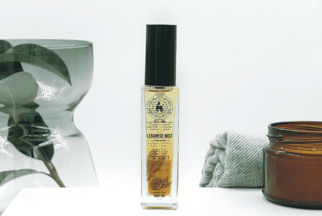 Lebanese mist body oil bottle by Khan Al Saboun with elegant natural skincare presentation in USA