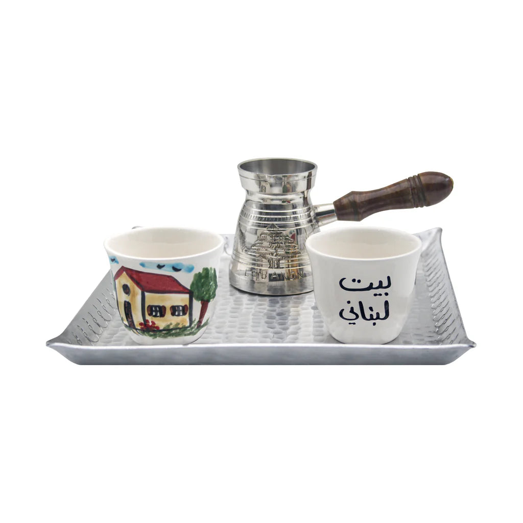 Handmade Lebanese House traditional coffee set with aluminum coffee pot and ceramic cups crafted in Lebanon