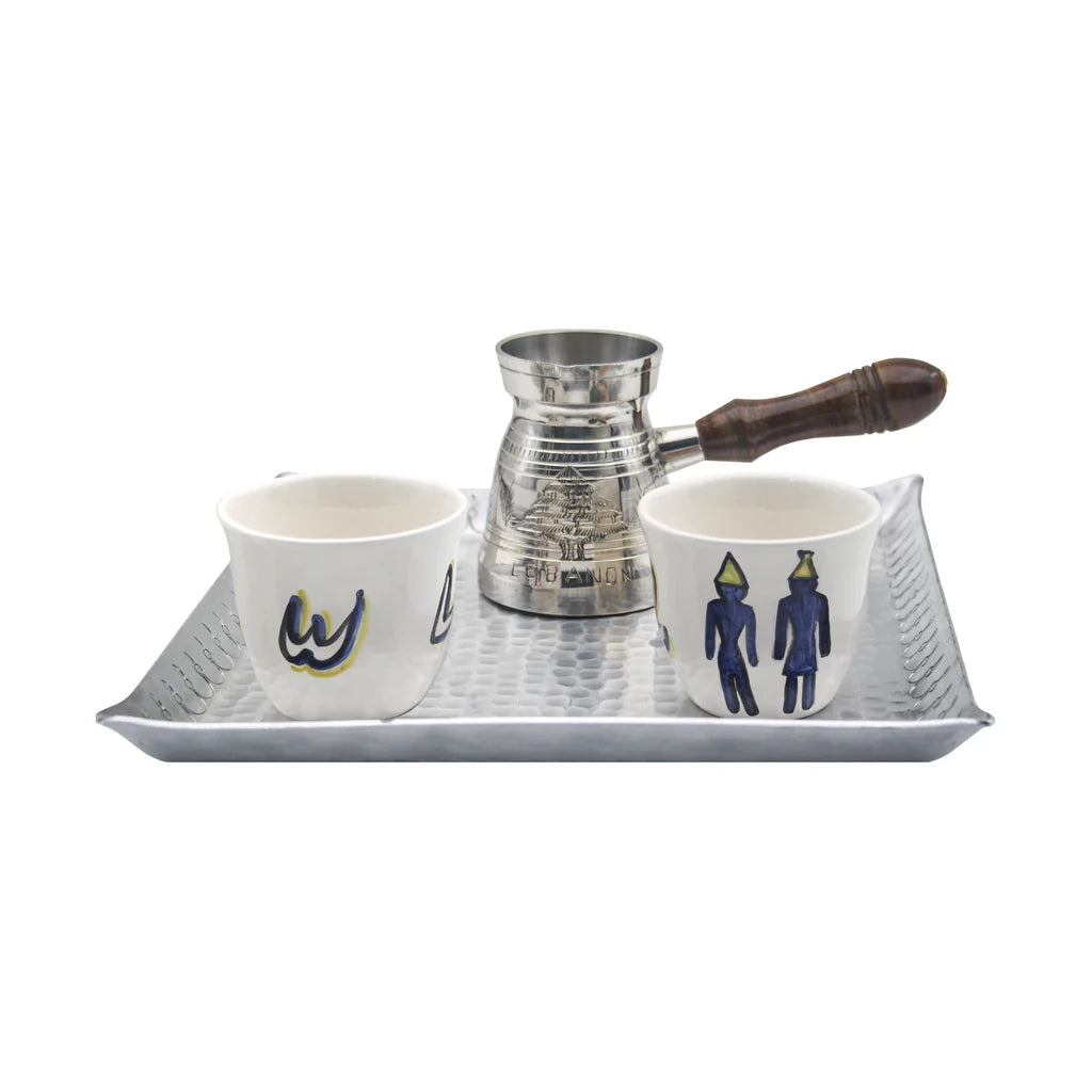 Handmade Phoenician traditional coffee set with aluminum coffee pot and ceramic cups crafted in Lebanon