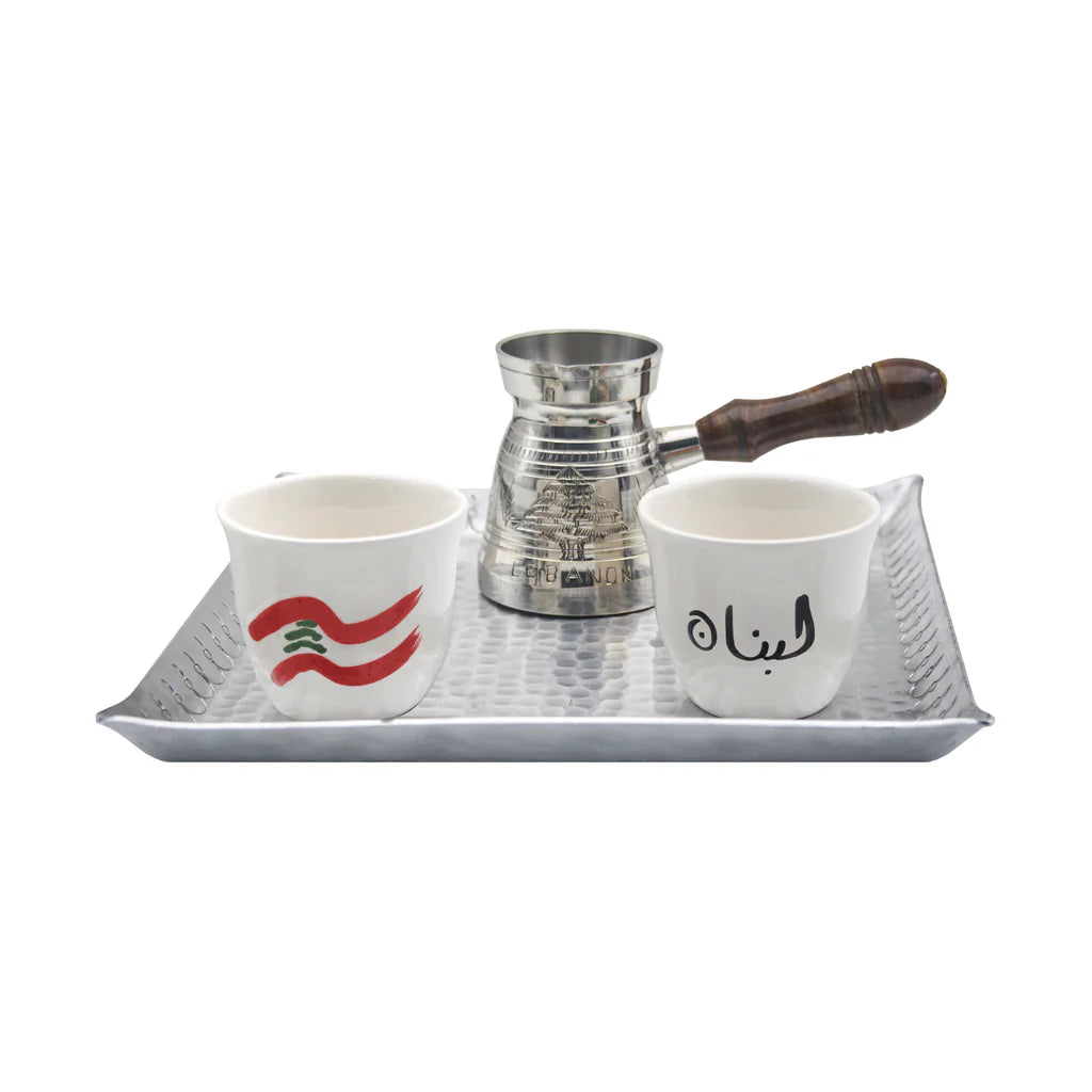 Handmade Lebanese Flag traditional coffee set with aluminum coffee pot and ceramic cups crafted in Lebanon