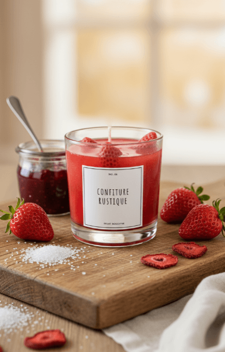 strawberry preserve scented soy wax candle with rustic design by eclat nocturne in Lebanon