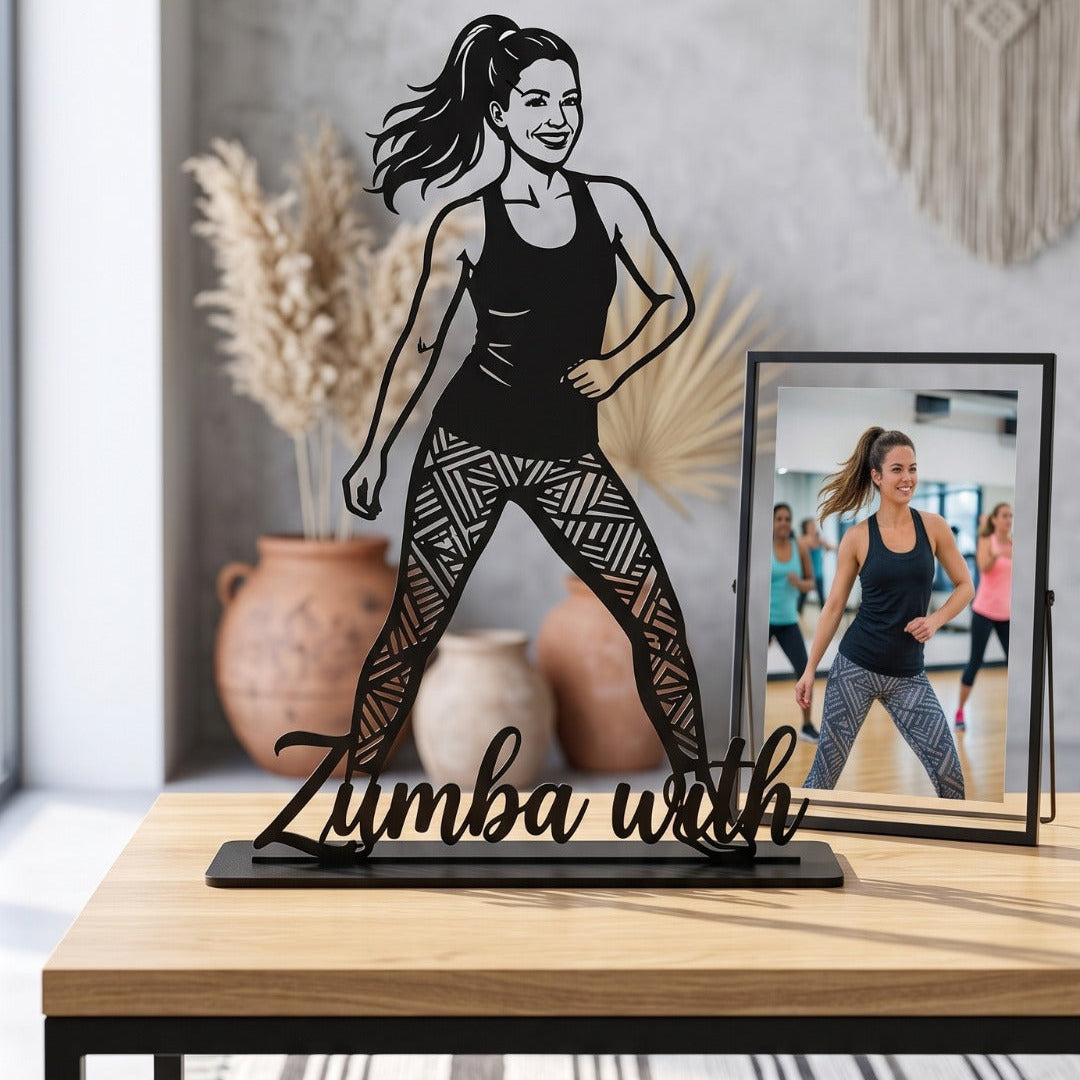 The Movement Portrait – Personalized black steel Zumba dance fitness art by Portret Lebanon, laser-cut sculpture that takes on the color of its surroundings