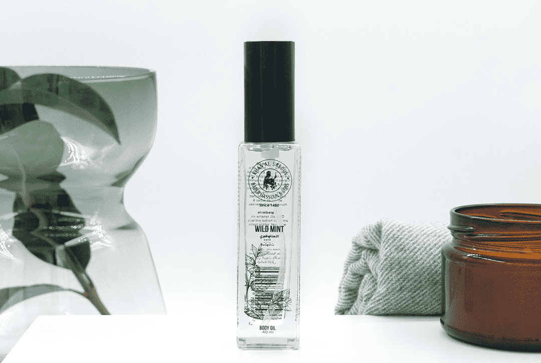 Wild mint body oil bottle by Khan Al Saboun with refreshing natural skincare presentation in USA