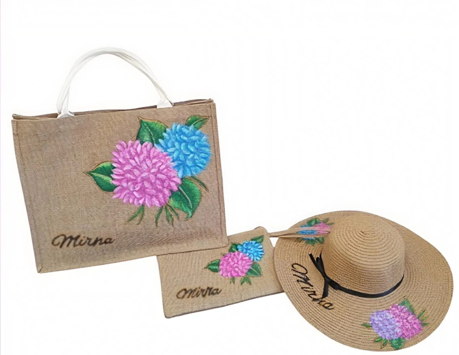 Handmade Lebanese floral beach set with woven tote bag, matching pouch, and sun hat