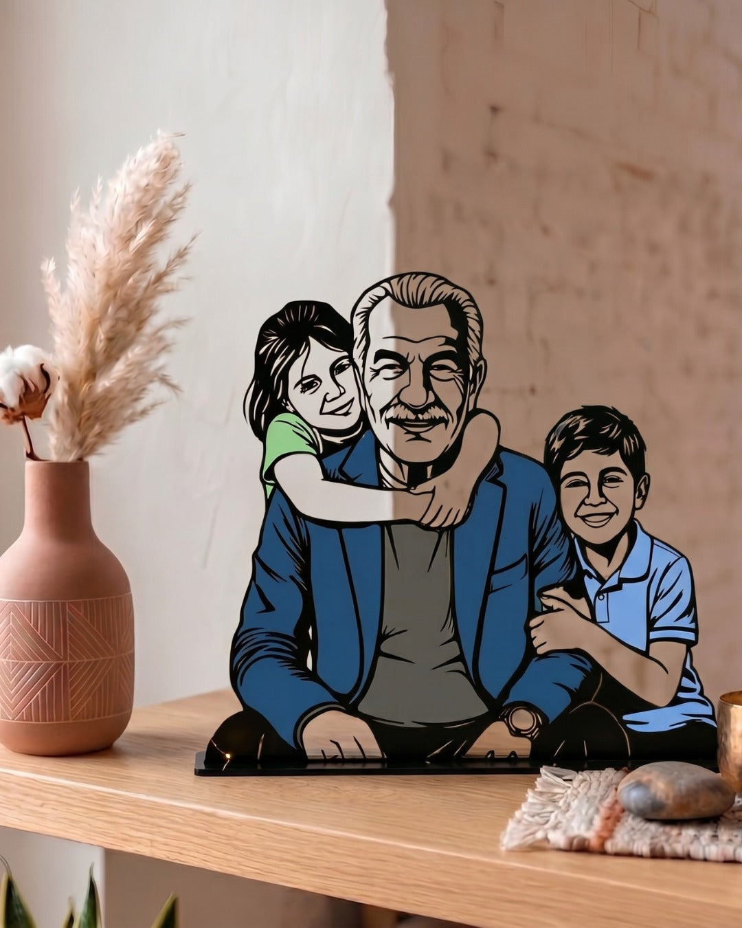 Personalized UV colored steel portrait custom made from your photo with premium Portret gift box and luxury gift bag displayed in an elegant modern setting.