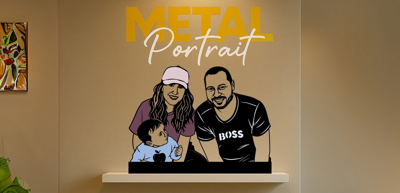 Metal portrait of a family on a wall shelf with 'Metal Portrait' branding.