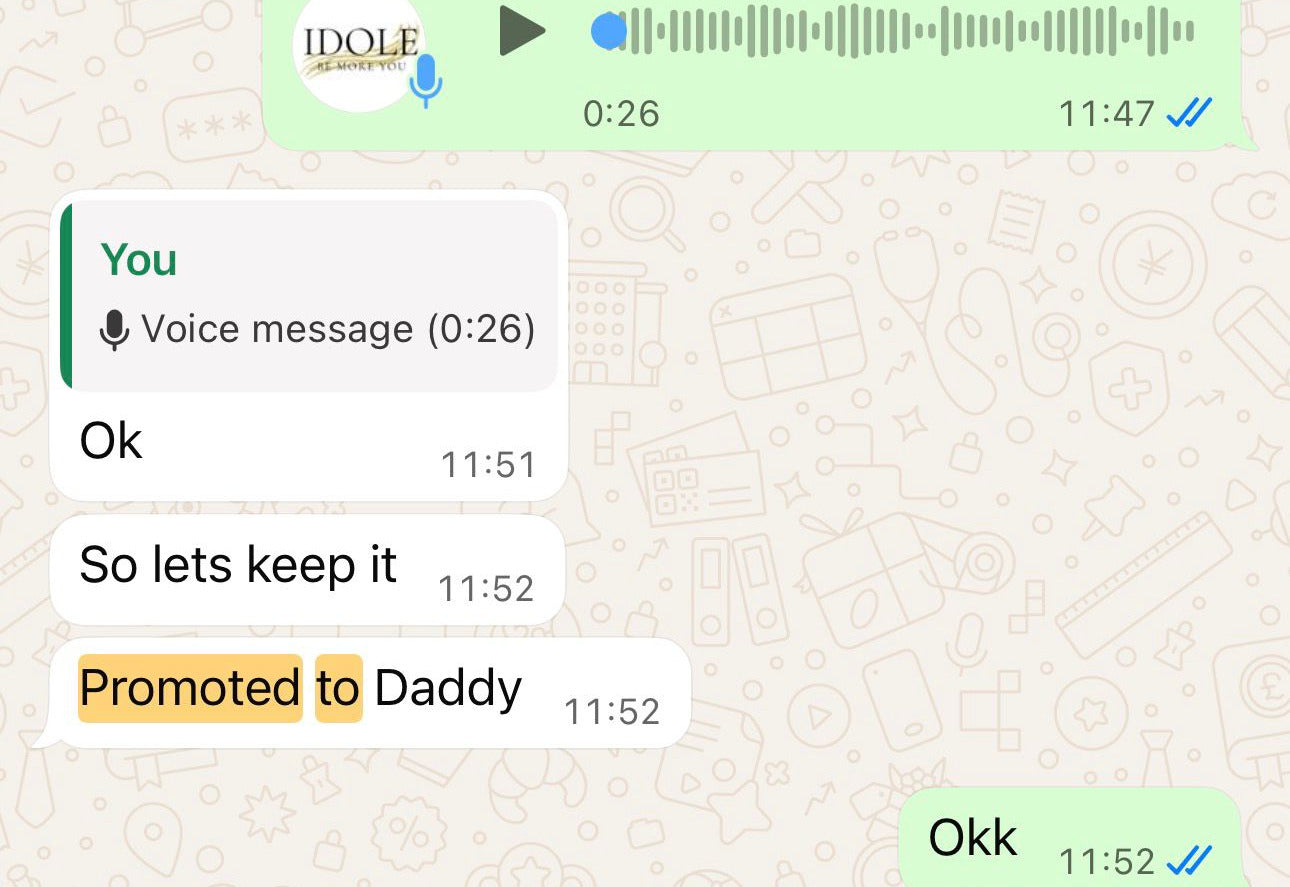 Text messages with voice message and timestamps on a light patterned background