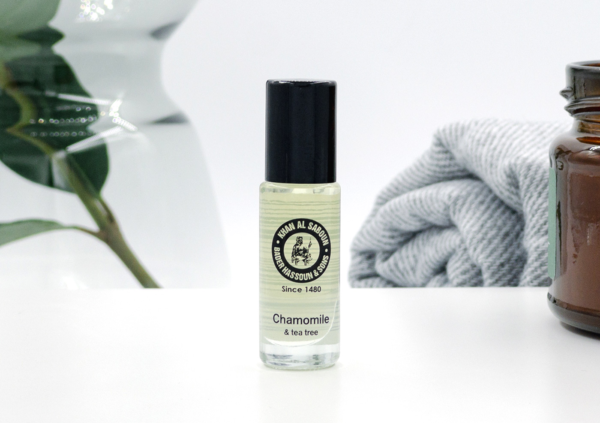 Chamomile roll on oil bottle by Khan Al Saboun with natural skincare presentation in USA