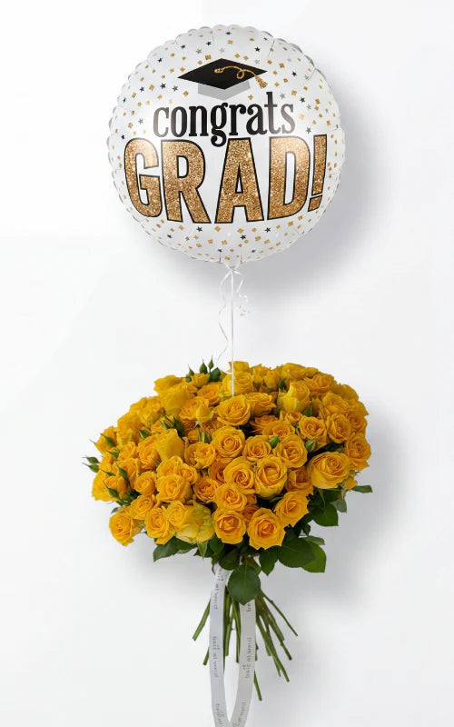 Yellow roses bouquet with congratulation balloon arrangement for graduation celebration in Lebanon by Beit El Ward
