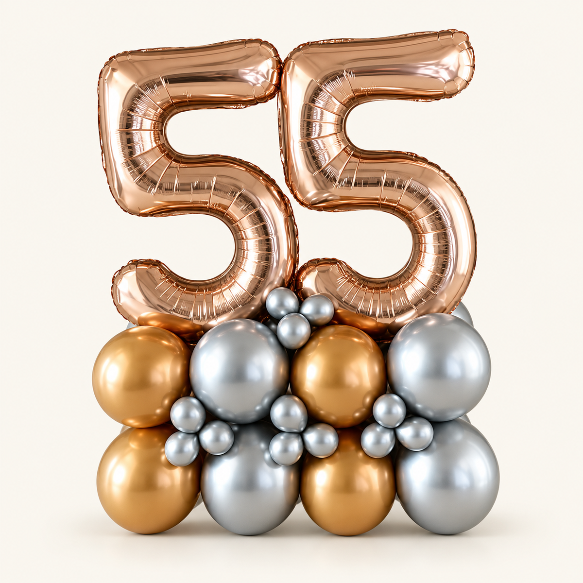Two rose-gold number 5 foil balloons forming 55 above a gold and silver balloon base with mini-balloon clusters.