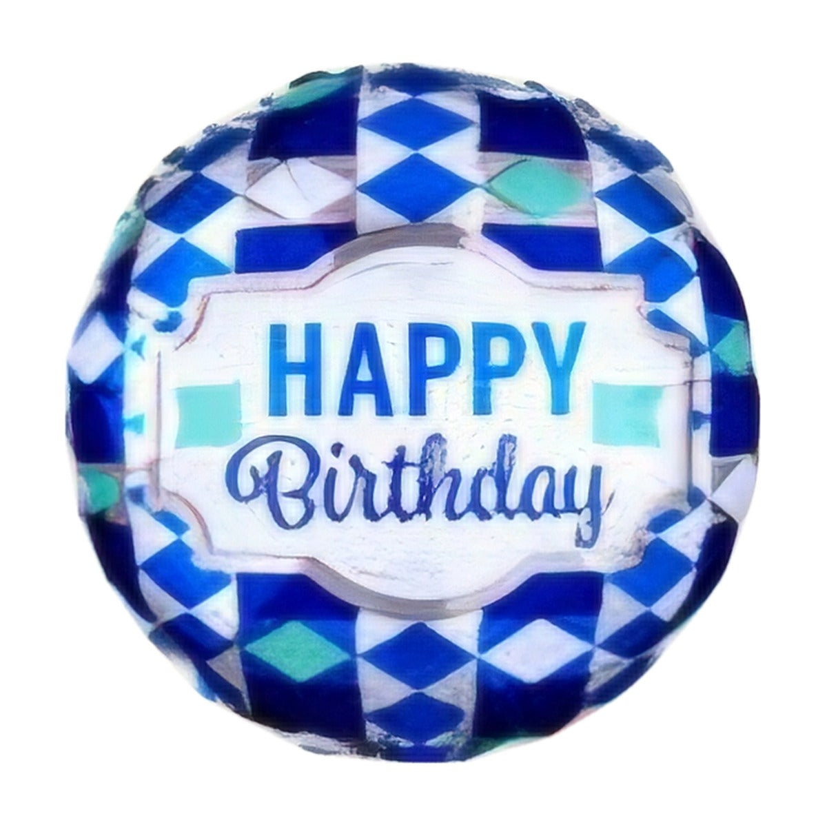 18-inch Happy Birthday foil balloon, Blue Harlequin design: blue and white harlequin diamonds with a 'Happy Birthday' label