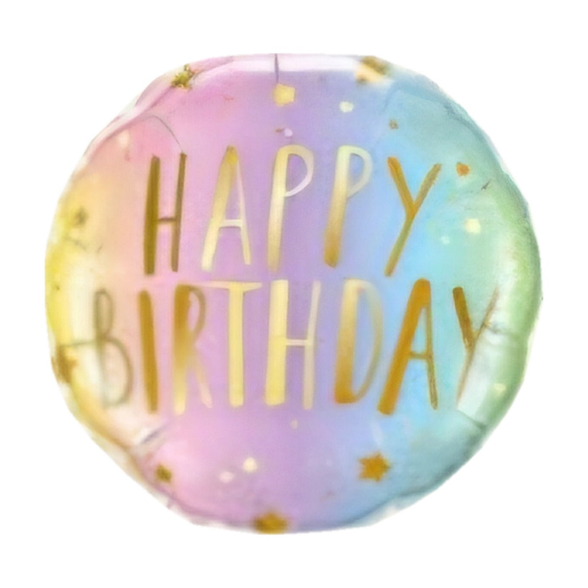 18-inch Happy Birthday foil balloon, Pastel Ombré & Gold design: pastel pink, blue and yellow ombré with gold 'Happy Birthday' lettering and gold stars