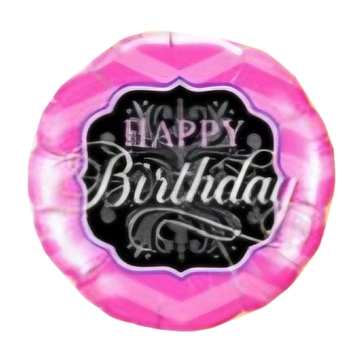 18-inch Happy Birthday foil balloon, Pink & Black Glam design: hot pink chevron border around a black panel with 'Happy Birthday' script