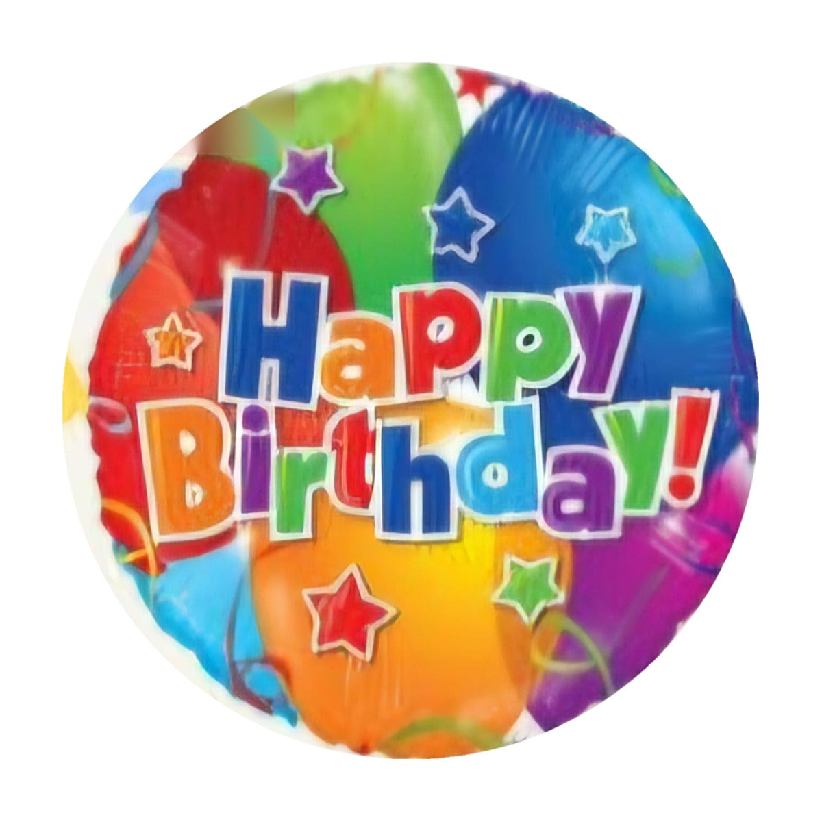 18-inch Happy Birthday foil balloon, Rainbow Balloons design: colourful balloons and stars behind bold rainbow 'Happy Birthday!' letters