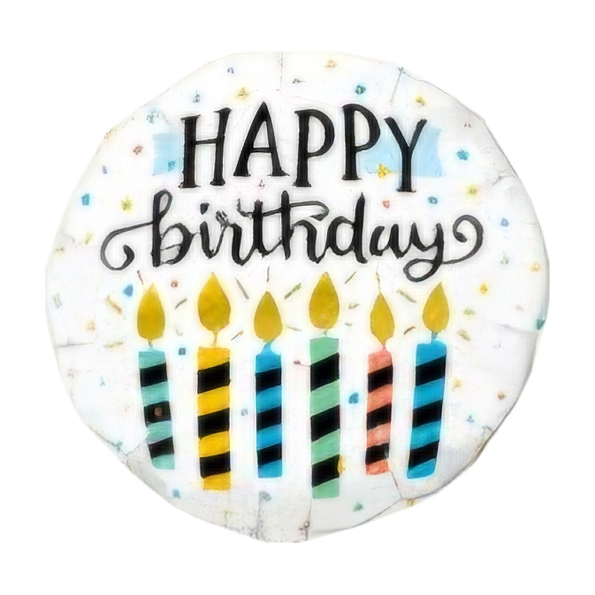 18-inch Happy Birthday foil balloon, Striped Candles design: white with confetti, black 'Happy Birthday' lettering and colourful striped candles