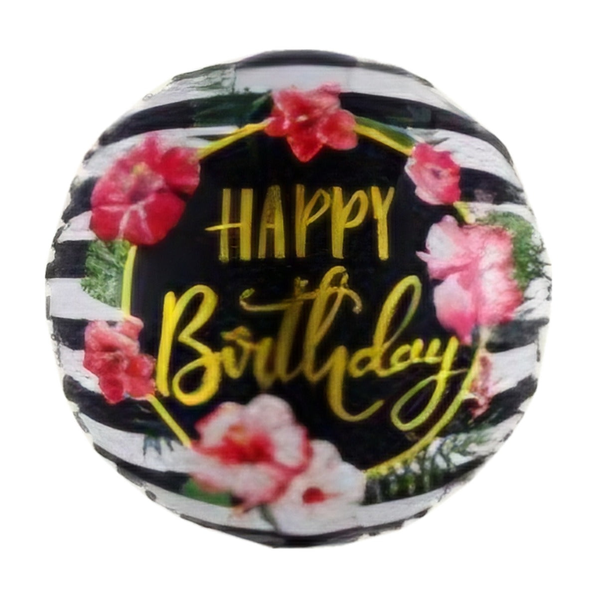 18-inch Happy Birthday foil balloon, Tropical Floral Stripes design: black and white stripes with tropical pink flowers and gold 'Happy Birthday' script