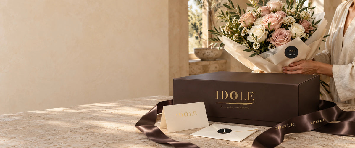 علبة هدايا إيدول مع شريط وبطاقة وزهور بالشعار الذهبي الجديد، تصل بحب إلى بيت لبناني بإضاءة دافئة.