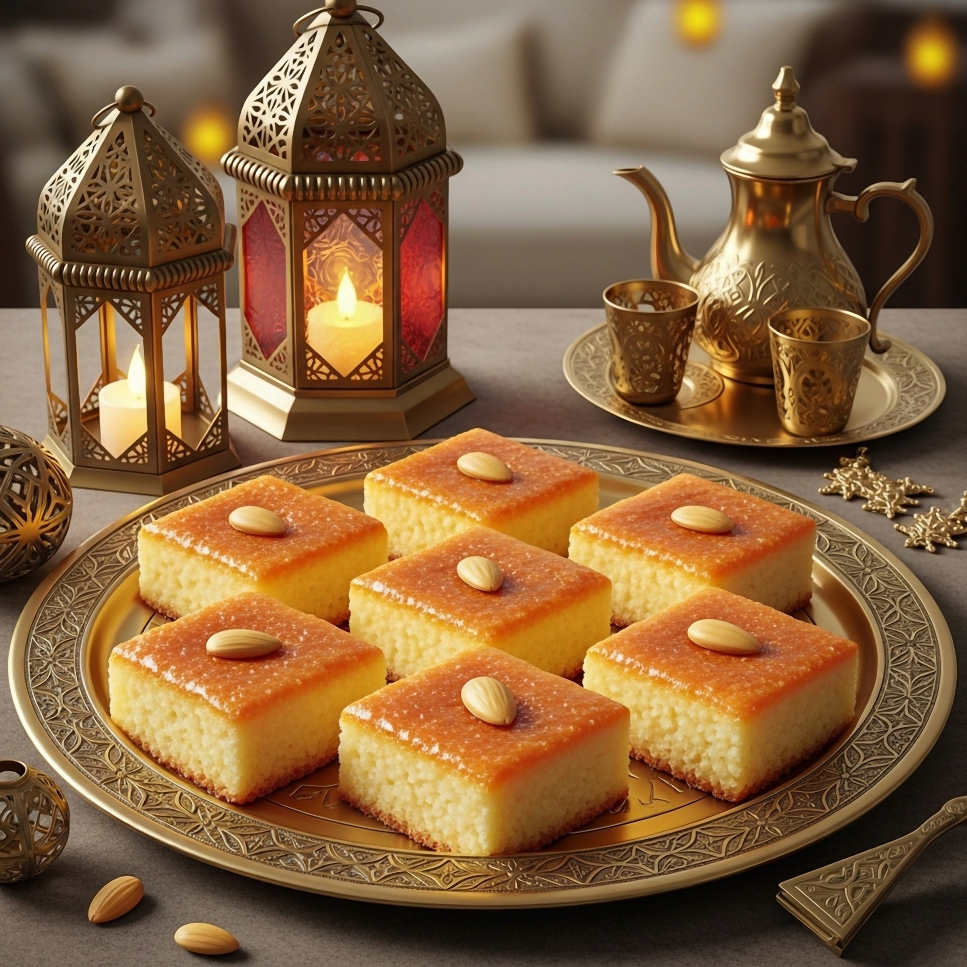 Decorative plate of dessert squares with ornate lanterns and teapot on a table.