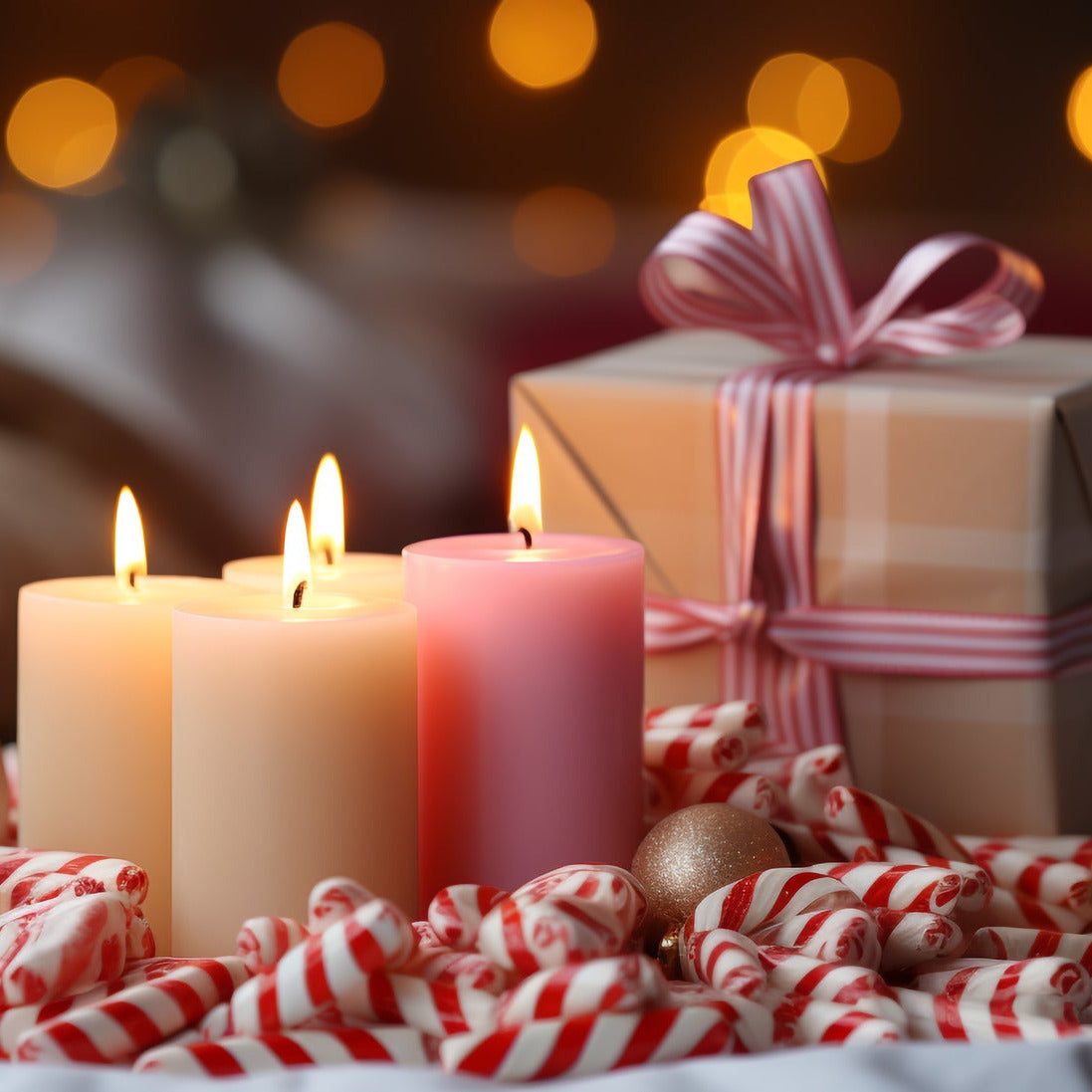 Candles, wrapped gift, and Christmas ornaments on a tablecloth with a blurred lights background