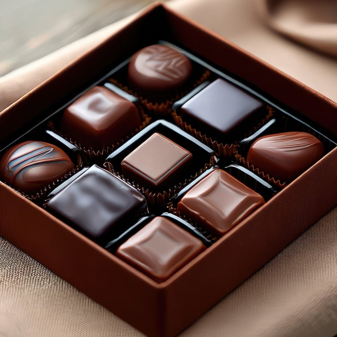 Box of chocolates on a wooden surface with a beige cloth