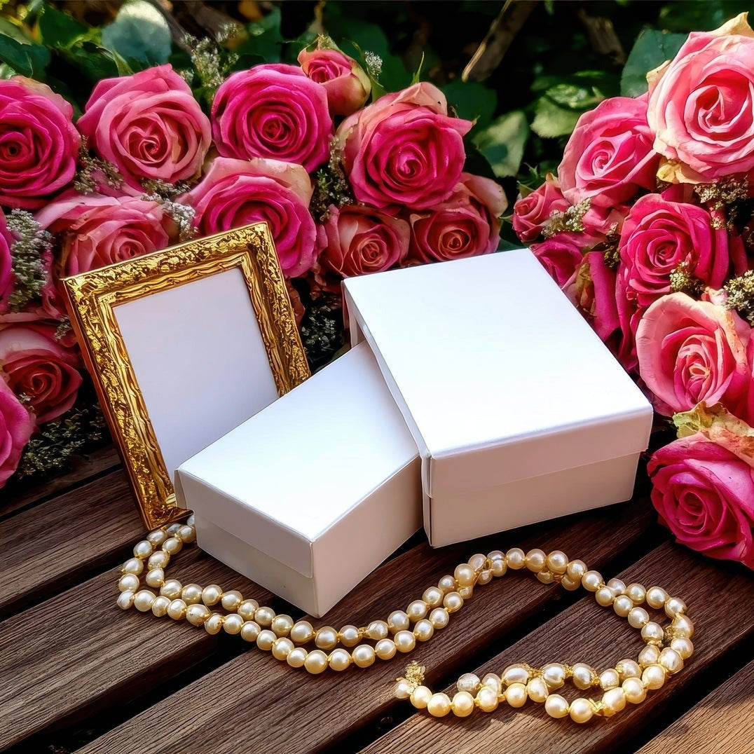 Jewelry box, gold frame, and pink roses on a wooden surface