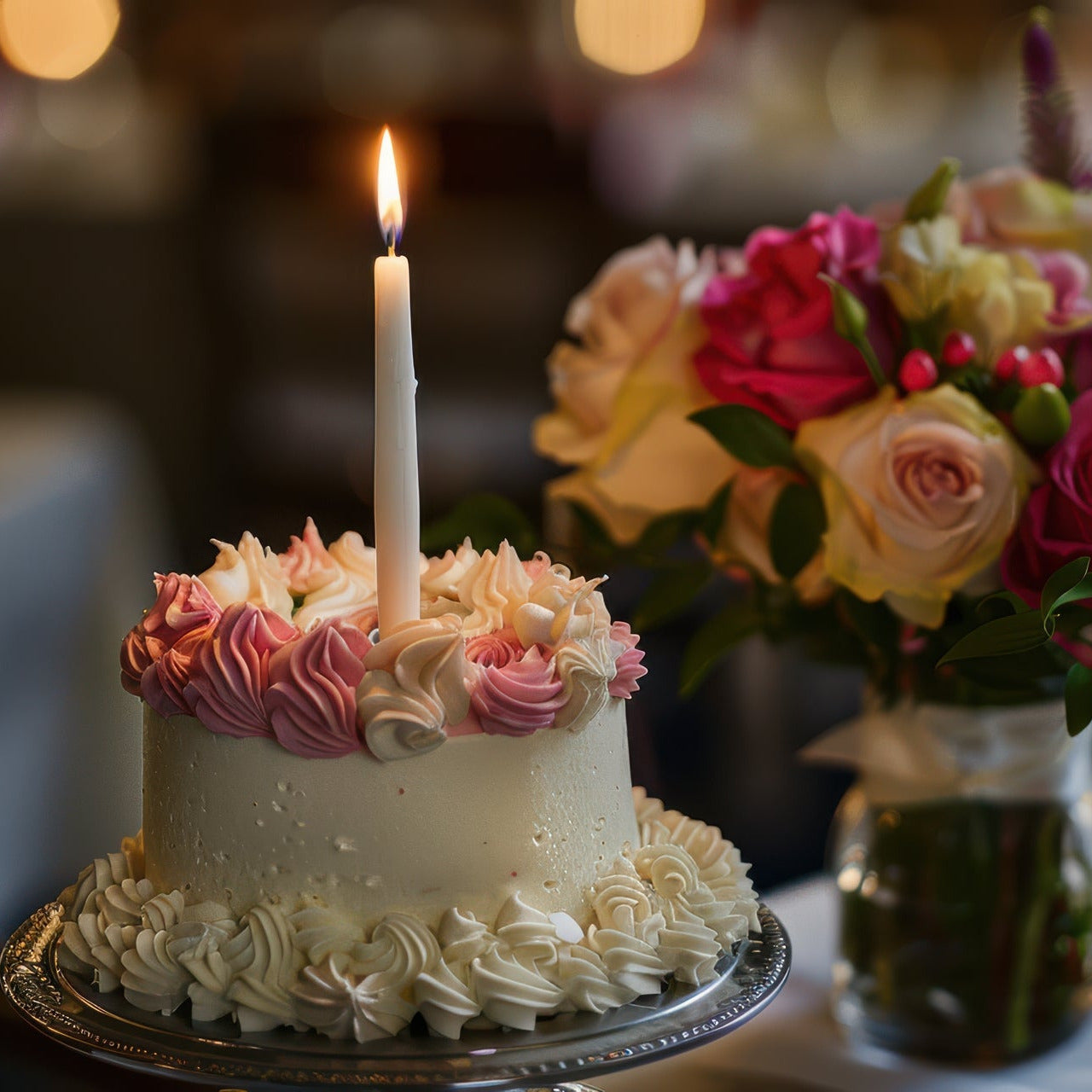 White cake with floral decorations and a lit candle next to a bouquet of flowers on a table.