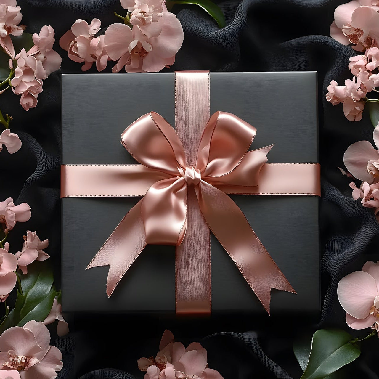 Gift box with a pink ribbon surrounded by pink flowers on a black background