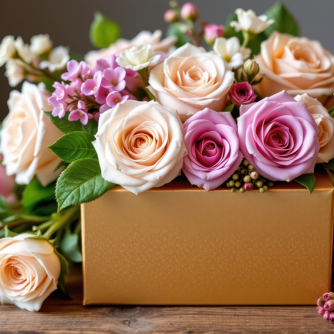 Bouquet of pink and white roses in a gold box on a wooden surface