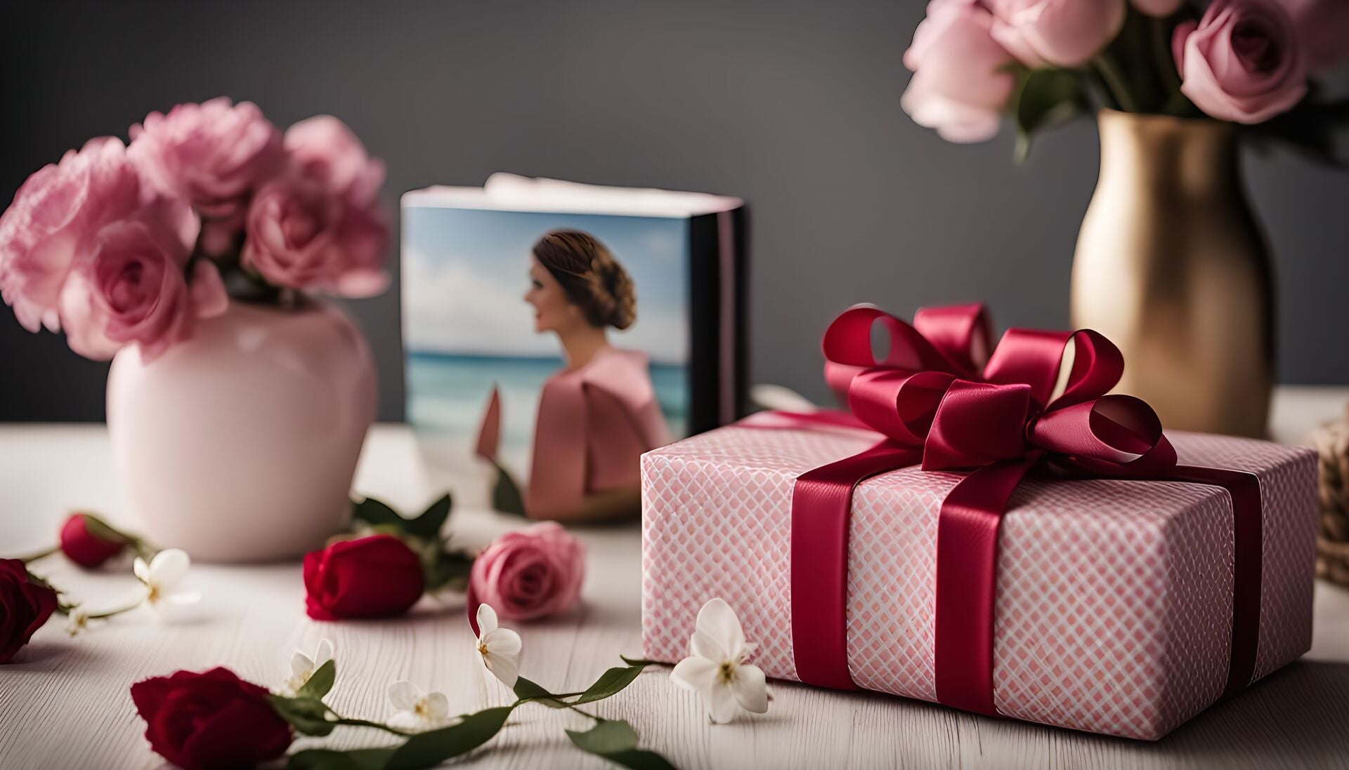 Gift box with red ribbon, flowers, and a photo album on a table.