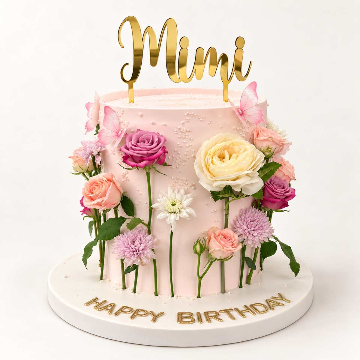 Blush Garden Celebration Cake with pastel flowers and butterflies, front view