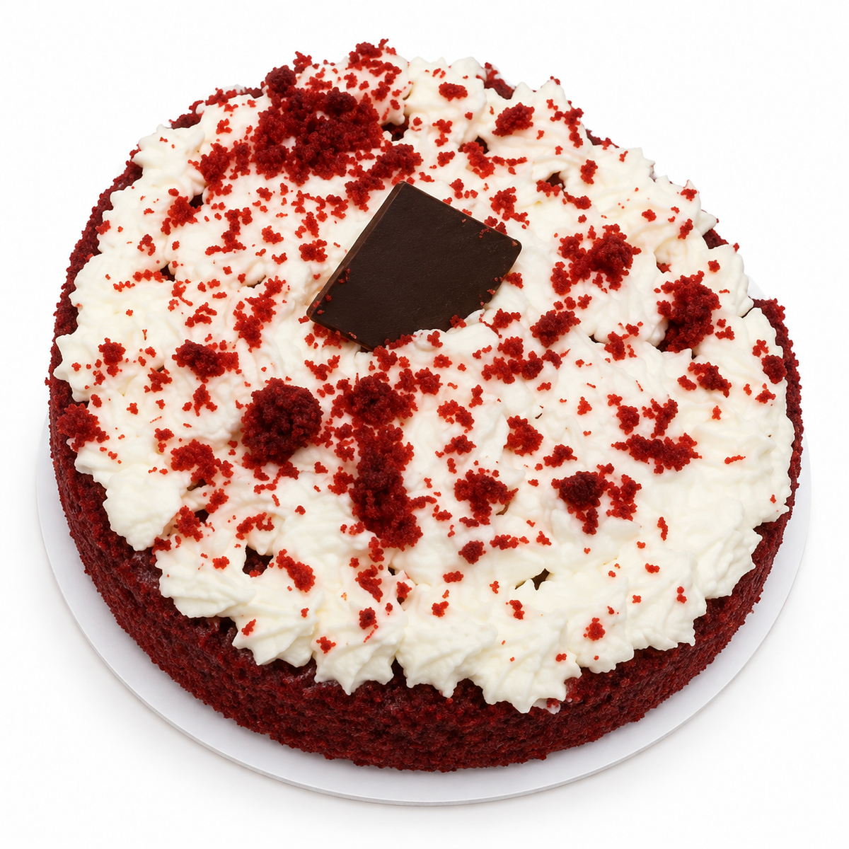 10 cm red sponge cake with cream cheese frosting and red cake crumbs